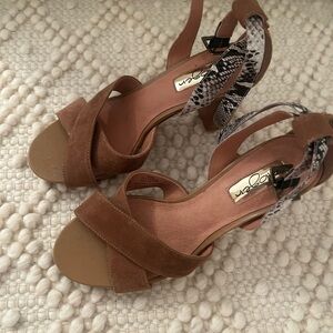 Joie Tan Suede and Snake Print Heels